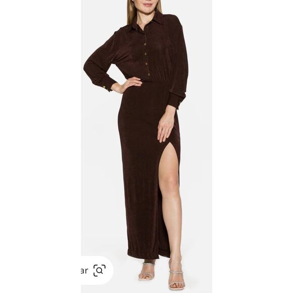 NWT Alexia Admore Dress Flattering Thigh Slit Long Sleeve Stretch Brown Large - Picture 2 of 9